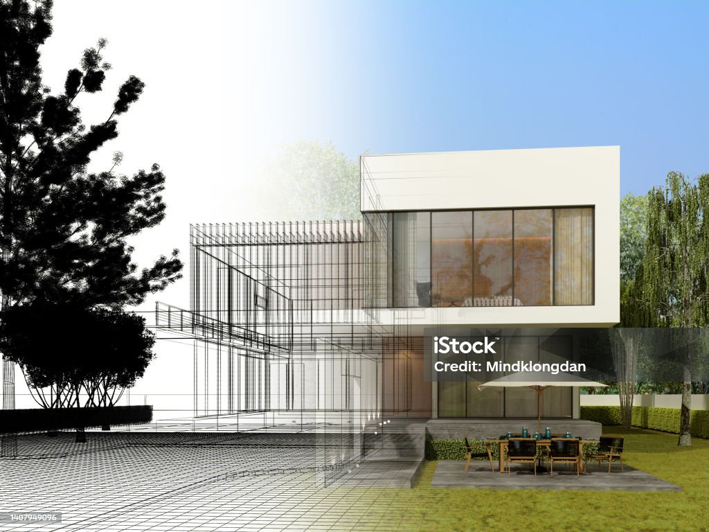 A modern house design is shown half as a wireframe architectural drawing and half as a completed building, with a patio, outdoor furniture, and surrounding trees.