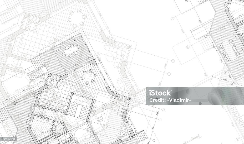 Black and white architectural floor plan drawing with various rooms, furniture layouts, and measurements depicted, including dining and seating areas, overlaid with technical lines and details.